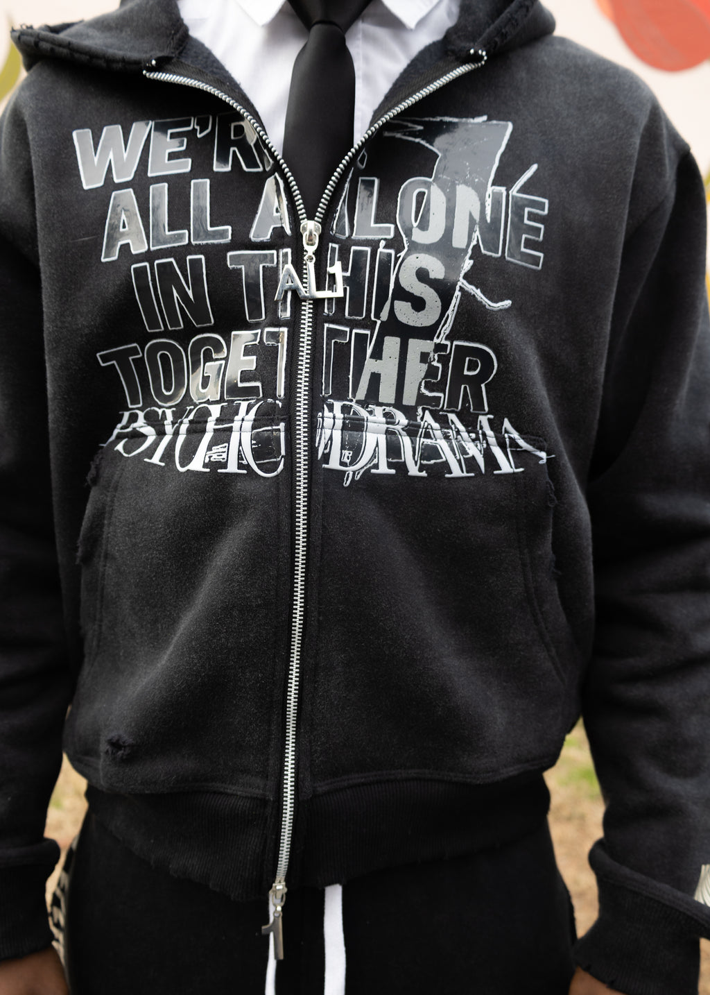 One of One Zip Up Hoodie- Washed Black/ Distressed