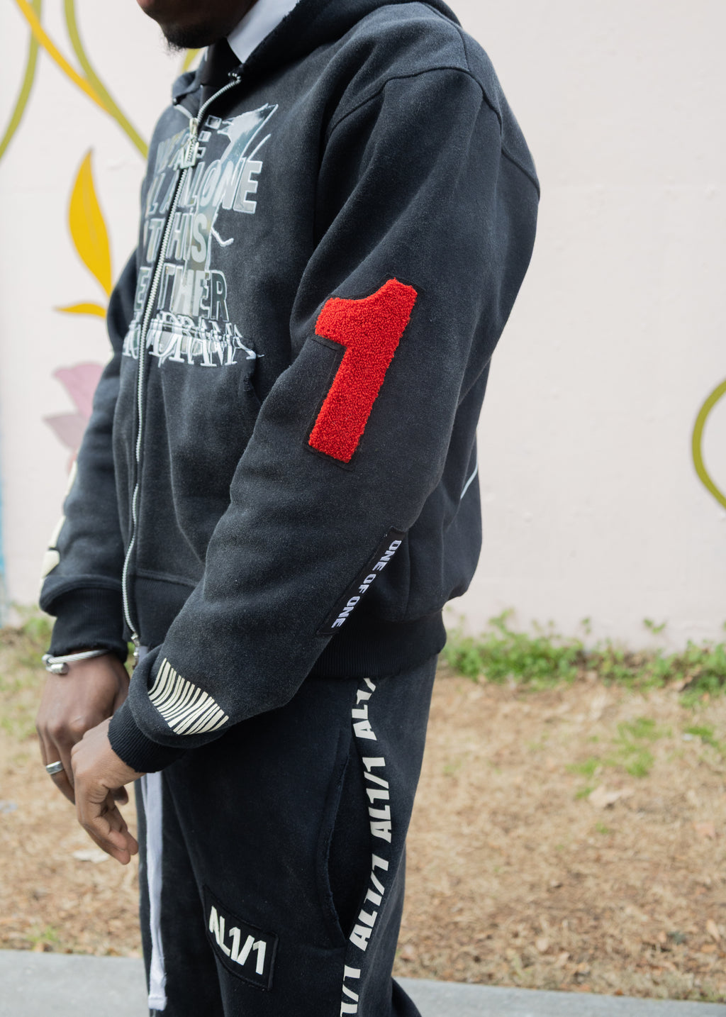 One of One Zip Up Hoodie- Washed Black/ Distressed